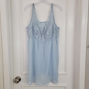 Cacique Womens 22/24 Blue Lace Sexy Sheer Mesh Babydoll Chemise Lingerie Glitter